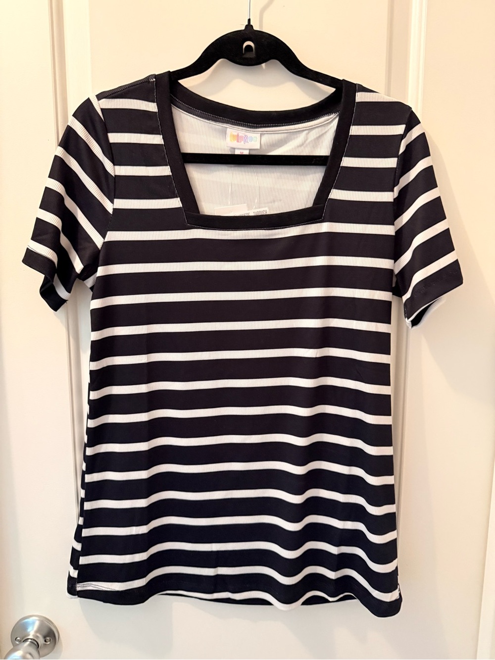 LuLaRoe Black and White Striped Square Neck Short Sleeve Tee